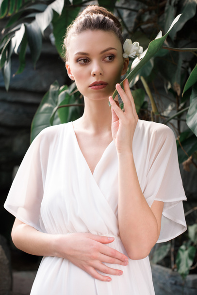 chica atractiva posando en vestido blanco en jardín tropical
 - Foto, imagen