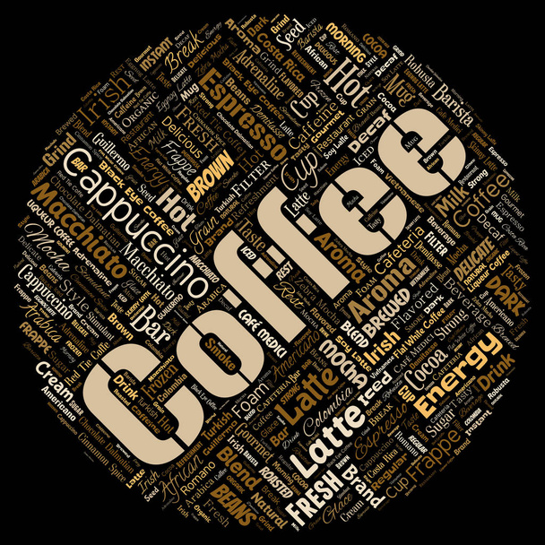 Creative horké ráno italskou kávu, break, cappuccino nebo espresso, restaurace nebo kavárny kolem nápoj slovo mrak - Vektor, obrázek