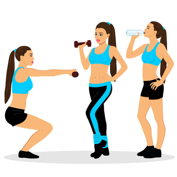 Girl with dumbbells. The girl is drinking water. Exercises. - Vector, Image