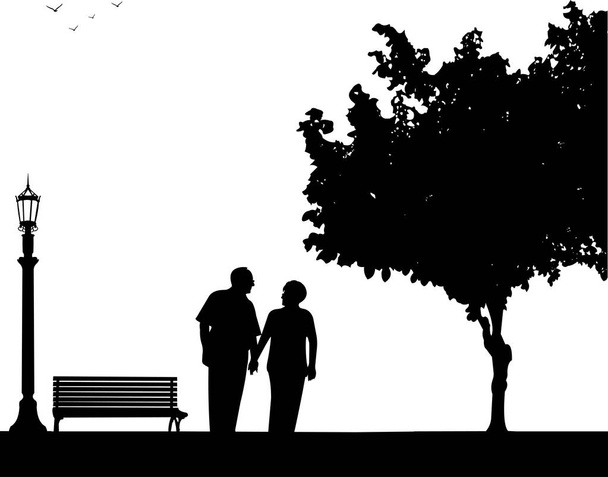 Lovely retired elderly couple walking in the park, one in the series of similar images silhouette - Vektör, Görsel