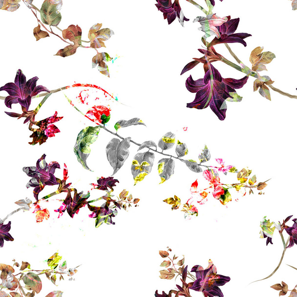 Watercolor painting of leaf and flowers, seamless pattern on white background - Фото, зображення
