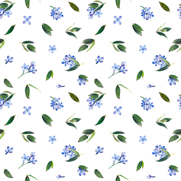 Seamless pattern, blooming blue lilac and green foliage. Illustration by markers, beautiful floral composition on a white background. Imitation of watercolor drawing. - Photo, image