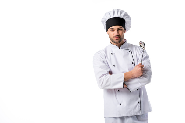 retrato de chef con cucharón de sopa en mano aislado en blanco
 - Foto, Imagen