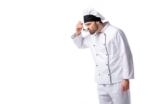 portrait of chef with soup ladle in hand isolated on white - 写真・画像