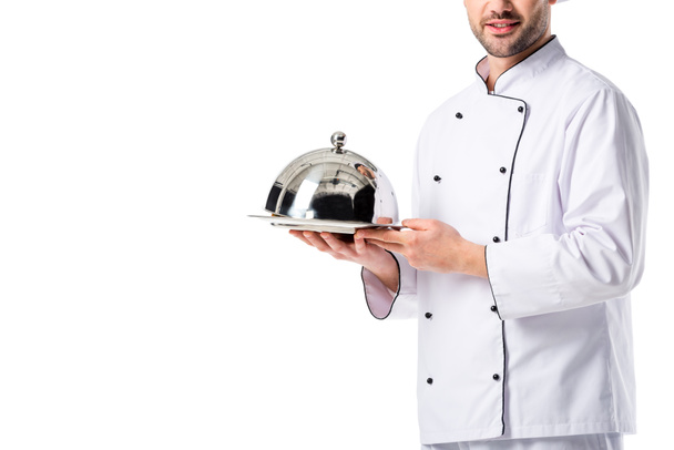 vista parcial do chef com bandeja de serviço isolada em branco
 - Foto, Imagem