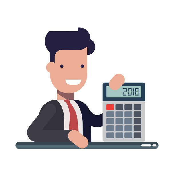 Young businessman or manager with calculator in hands. An experienced financier. The concept of financial literacy. Cartoon vector illustration. - Vector, Image