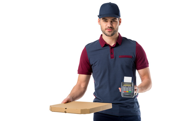 delivery man with cardboard pizza box and cardkey reader in hands isolated on white - Photo, Image