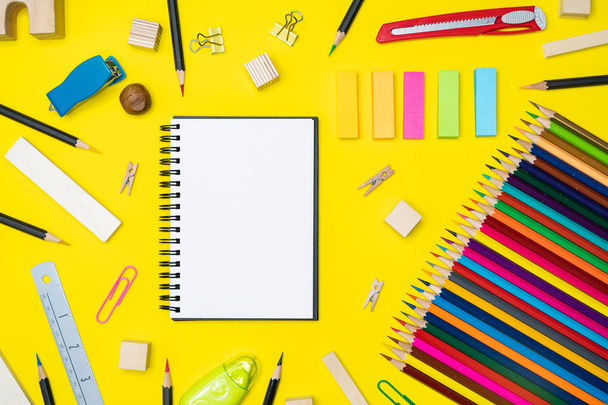 Minimal work space  Colorful background with many crayons, Top view flat lay - Photo, Image