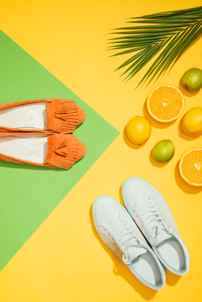 top view of palm leaf, stylish female slippers shoes and sneakers, lemons, limes and slices of orange - Photo, Image