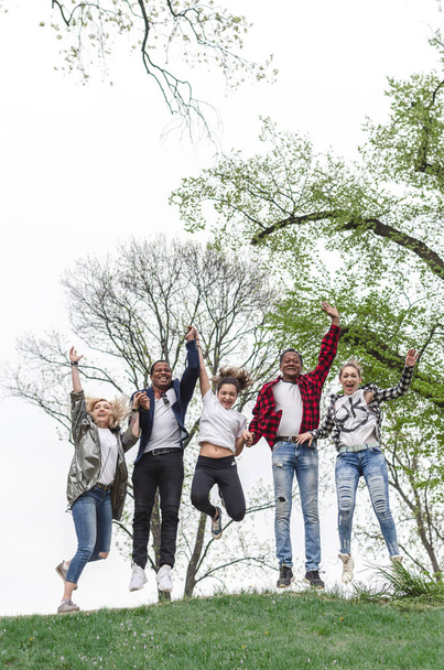 міжнародна група щасливих усміхнених чоловіків і жінок стрибає в парку
 - Фото, зображення