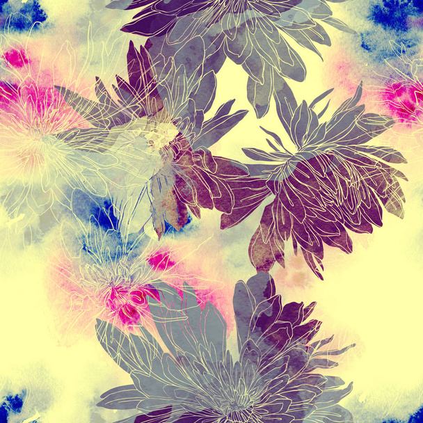 otisky, japonské chryzantémy mix bezešvé vzor opakujeme. akvarel a digitální ručně nakreslený obrázek. kombinovaná technika kresby. pozadí pro textilní interiér a design - Fotografie, Obrázek