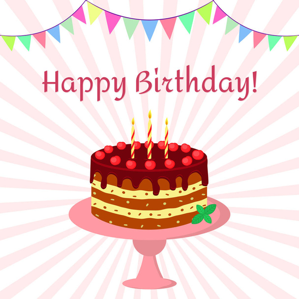 Birthday cake with chocolate cream, cherries and candles on a pink plate. On a background of beams and flags. - Vector, Image