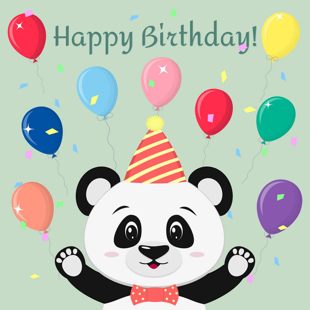 A sweet panda in a butterfly hat and tie stands with his arms raised against the background of balloons in cartoon style. - Vector, imagen