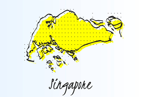 Map of Singapore, halftone abstract background. drawn border line and yellow color - Vector, Image