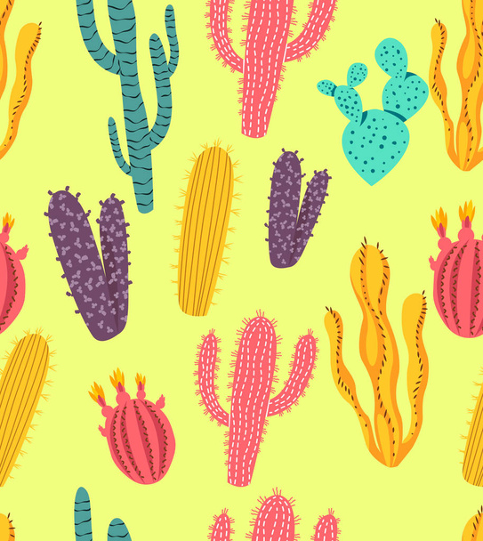Seamless Colorful Cactus Plants Pattern - Vector, imagen