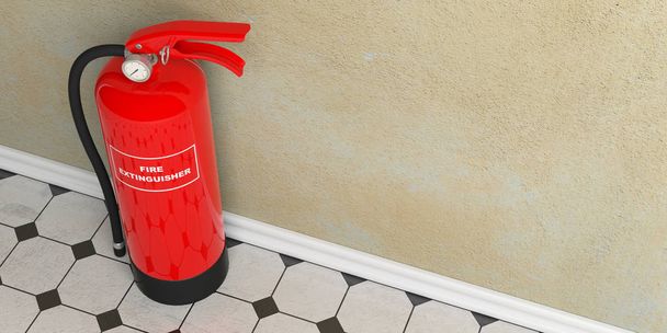 Fire extinguisher on tiles floor, wall background. 3d illustration - Photo, Image