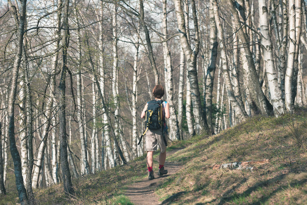 Nainen patikoimassa metsässä, yksi ihminen kävelemässä metsässä, reppuretkellä kesäseikkailu, peruutusnäkymä, sävytetty kuva
 - Valokuva, kuva