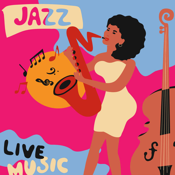 Colorful template for poster of jazz and blues music festival. Flat vector illustration with female saxophone player and violoncello - Vector, Image