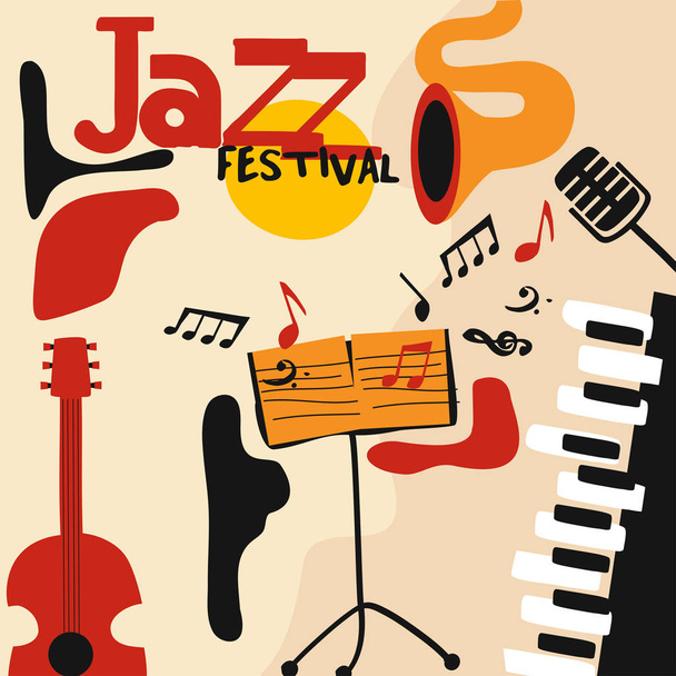 Szablon kolorowy plakat festiwalu muzyki jazzowej i bluesowej. Ilustracja wektorowa płaskie z półeczki, mikrofon i gitara - Wektor, obraz