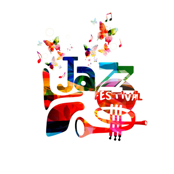 Silhouette of word Jazz festival with french horn on abstract background with butterflies isolated on white - Vector, Image