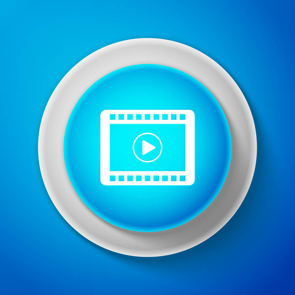 ホワイト、ビデオ再生アイコンが青の背景に分離されました。白い線と青い丸ボタン。ベクトル図 - ベクター画像