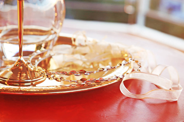traditional wedding crowns, decanter and chalice - greek wedding objects - Φωτογραφία, εικόνα