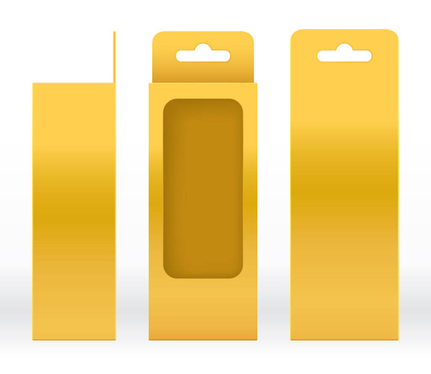 ハンギング ボックス金の窓形状カット包装テンプレートを空白。高級空のボックス黄金テンプレート デザイン製品パッケージのギフト ボックス、ゴールド ボックス包装紙クラフト段ボールのパッケージを - ベクター画像