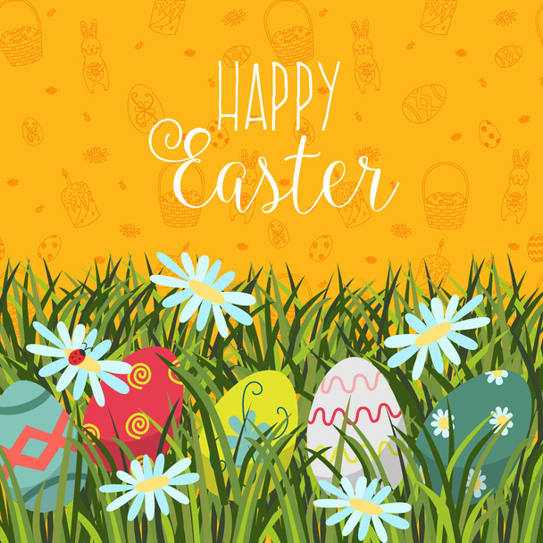 Happy Easter greeting card, banner, eggs in grass - Вектор,изображение