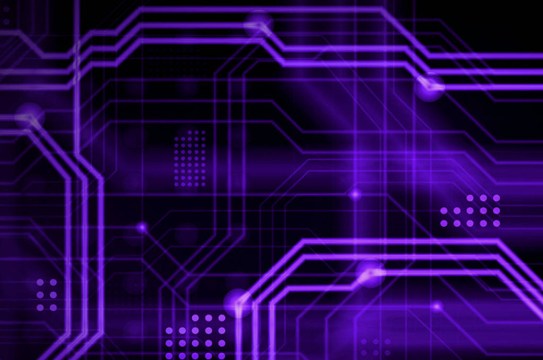 ein abstrakter technologischer Hintergrund, der aus einer Vielzahl von leuchtenden Leitlinien und Punkten besteht, die eine Art physisches Motherboard bilden. violette Farbe - Foto, Bild