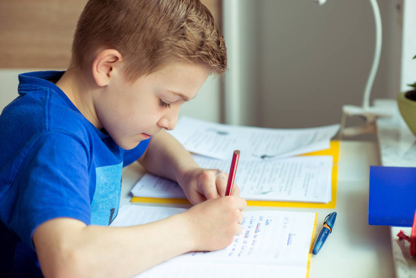 Intelligent boy makes homework in his room - Foto, Imagem