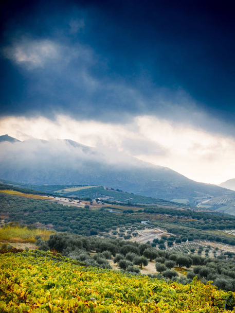 Vista panorámica del paisaje agrícola de mosaico y la montaña contra el cielo nublado, Creta, Grecia
 - Foto, Imagen
