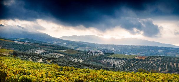malerischer Blick auf Patchwork-Agrarlandschaft und Berg gegen bewölkten Himmel, Beton, Griechenland - Foto, Bild