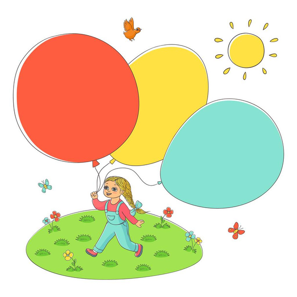 Διάνυσμα επίπεδη κορίτσι παιδί περπάτημα με αερόστατα - Διάνυσμα, εικόνα