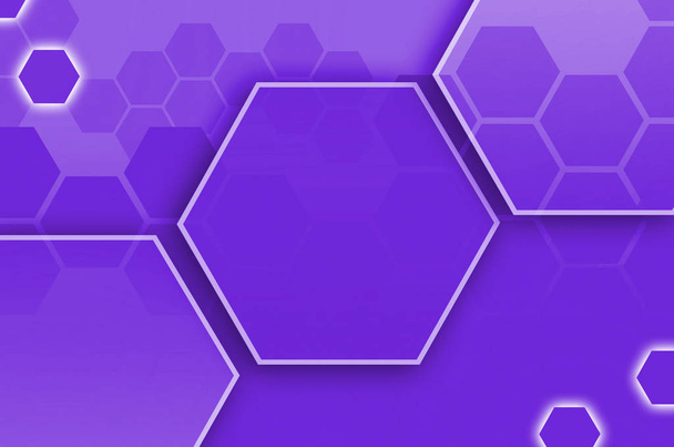 abstrakter technologischer Hintergrund, bestehend aus einer Reihe von Sechsecken und anderen geometrischen Formen in violetter Farbe - Foto, Bild