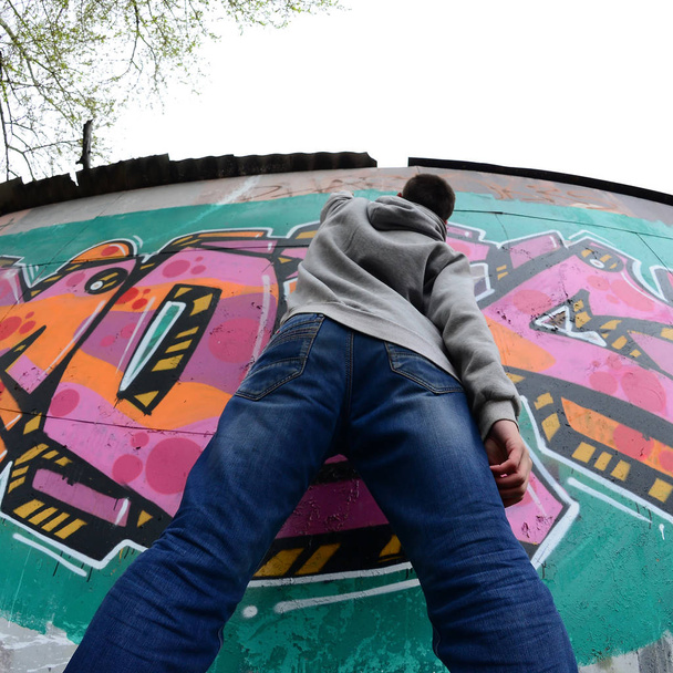 Nuori mies harmaassa hupparissa maalaa graffitin vaaleanpunaisissa ja vihreissä väreissä seinään sateisella säällä. Kalansilmä laukaus
 - Valokuva, kuva