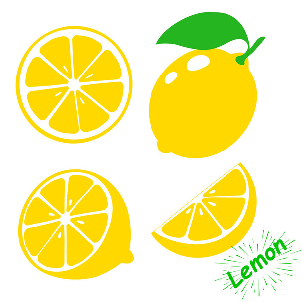 Icon lemon. Set fresh lemon fruits and slice. Isolated on white background. Vector - Vektör, Görsel