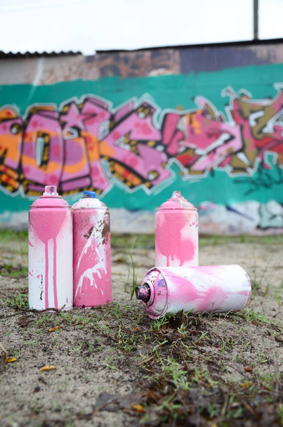 A few used paint cans lie on the ground near the wall with a bea - Photo, Image