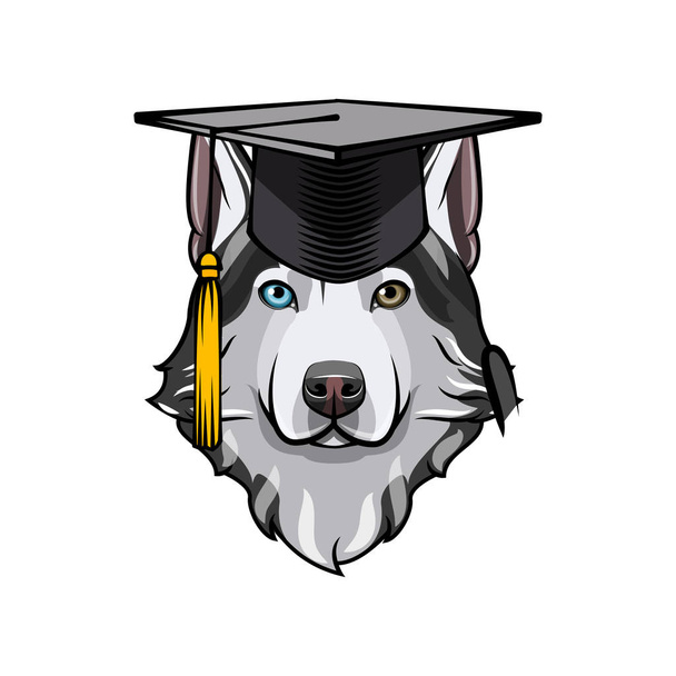 Siberian Husky graduate. Graduation cap hat. Dog breed. Vector. - Wektor, obraz