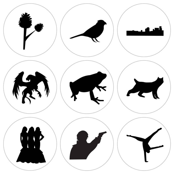 Set de 9 icônes modifiables simples telles que le tumbling noir, le sherlock, la demoiselle d'honneur noire, le lynx noir, la grenouille noire, le griffon noir, la Nouvelle-orléans noire, l'oiseau cardinal noir, le cône de pin, peut être utilisé pour mobile
, - Vecteur, image