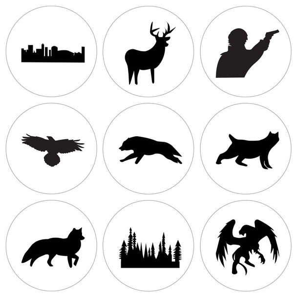 Ustaw z 9 prostych ikon można edytować takie jak czarny Gryf, czarny drzewo, fox czarny, czarny bobcat, czarny Wilk uruchomiona, Kruk, sherlock, czarny whitetail buck, czarny Nowy Orlean, mogą być używane dla internetu mobilnego, Ui - Wektor, obraz