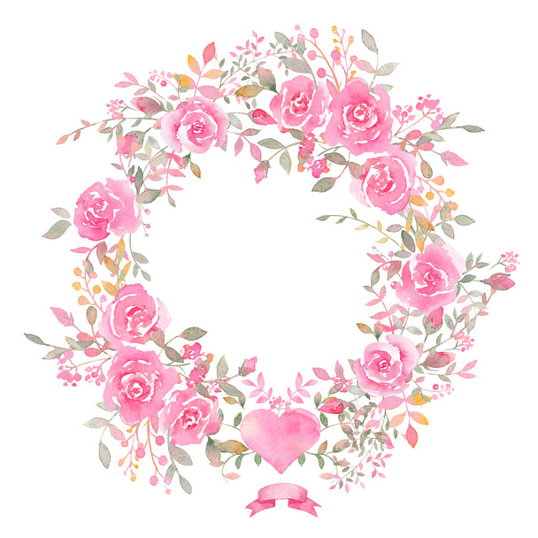 Handpainted watercolor wreath with rose flowers. - Foto, Imagem