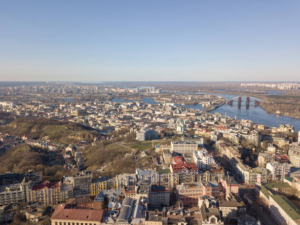 aerial photo of the Podol district, Vozdvizhenka and Lysa Hora, Dnipro River and the unfinished Podolsky Bridge - Photo, Image