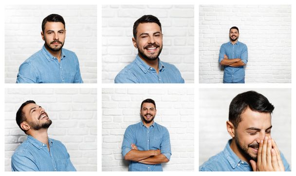 Expresiones faciales de joven barba hombre en la pared de ladrillo
 - Foto, imagen