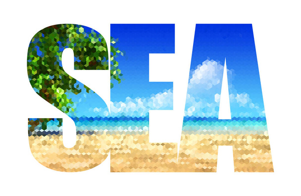 meri, yksittäinen sana valkoisella taustalla, jonka rakenne on merinäköalalla ja rannalla, jossa palmuja on valmistettu geometrisista muodoista
 - Vektori, kuva