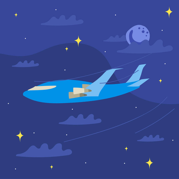 L'avion volant dans la nuit au-dessus des nuages, illustration de style plat
. - Vecteur, image