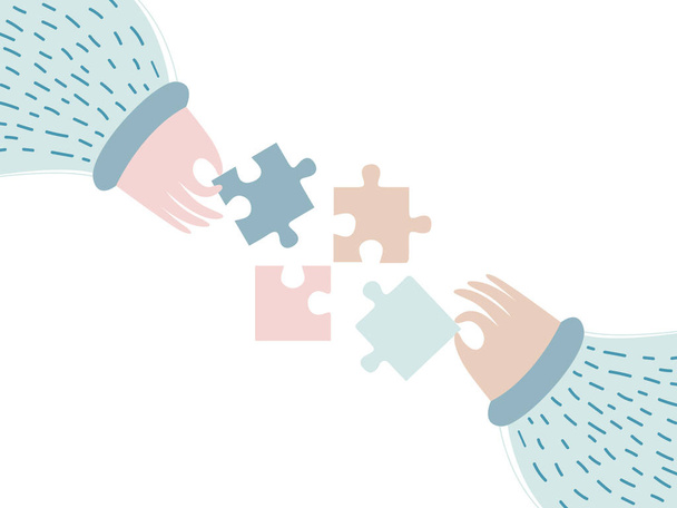 Puzzle vector illustration. Teamwork business concept. Two people connecting puzzle elements - Vector, Image