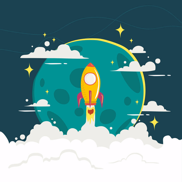 Foto van raket vliegen boven wolken, business startup banner concept, platte stijl illustratie - Vector, afbeelding