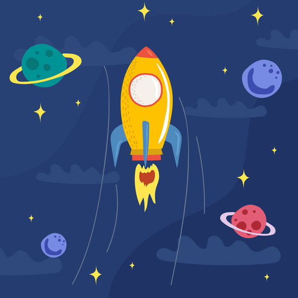 Rocket Vector and illustration flying rocket.Space travel to the moon.Space rocket launch.Project start up Solar System and text space. - Vector, Image