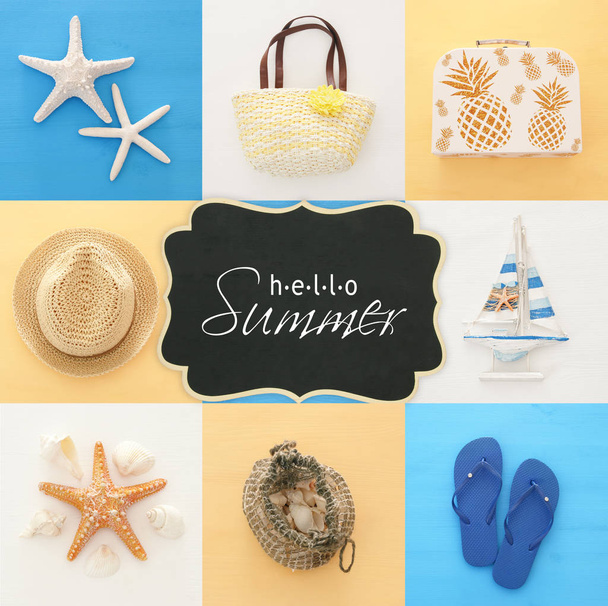nautical collage with sea life style objects over blue and white wooden background. - Photo, Image