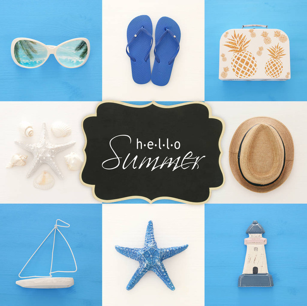 nautical collage with sea life style objects over blue and white wooden background. - Foto, afbeelding